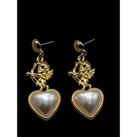 Jim Shore Cherub Dangling Post Earrings Heart Mabe Pearl Rare Find Collectible - Picture 1 of 13